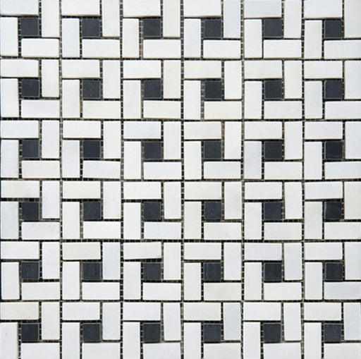 Thassos White Marble Mosaic - 5/8" x 1 1/4" Pinwheel with Black Dots Polished