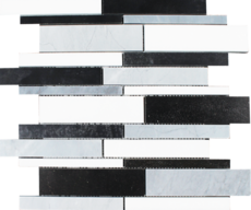 Full Sheet Sample - Metropolitan Blend Thassos, Bardiglio And Black Deco Random Linear Natural Stone Mosaic - 12" x 12" Polished