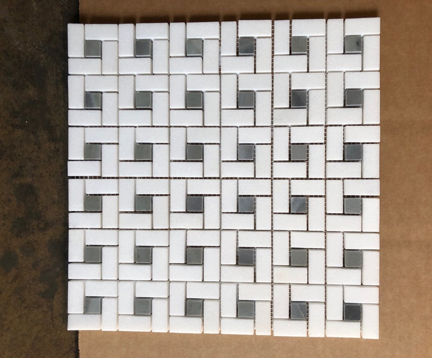 Thassos White Marble Mosaic - 5/8" x 1 1/4" Pinwheel with Gray Dots Polished