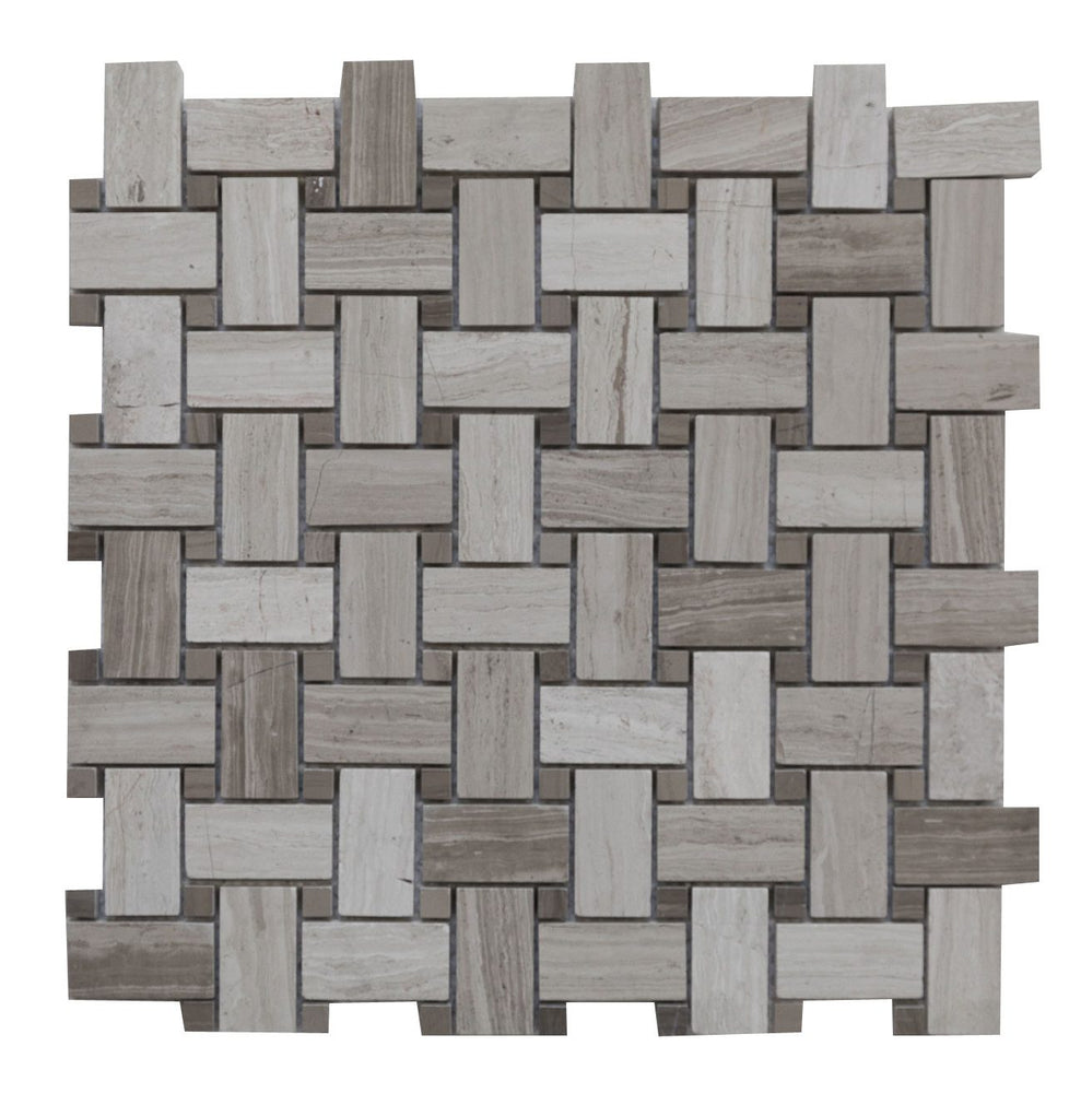 Full Sheet Sample - White Wood Marble Mosaic - 1" x 2" Basket Weave Honed