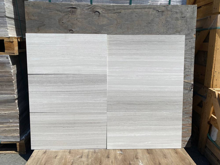 White Wood Vein Cut Filled & Honed Marble Tile - 12" x 24"